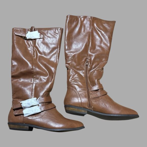 Madden Girl Boots Size 8 Cognac Brown Elsie Riding Style Knee High Buckle Strap - Picture 3 of 9